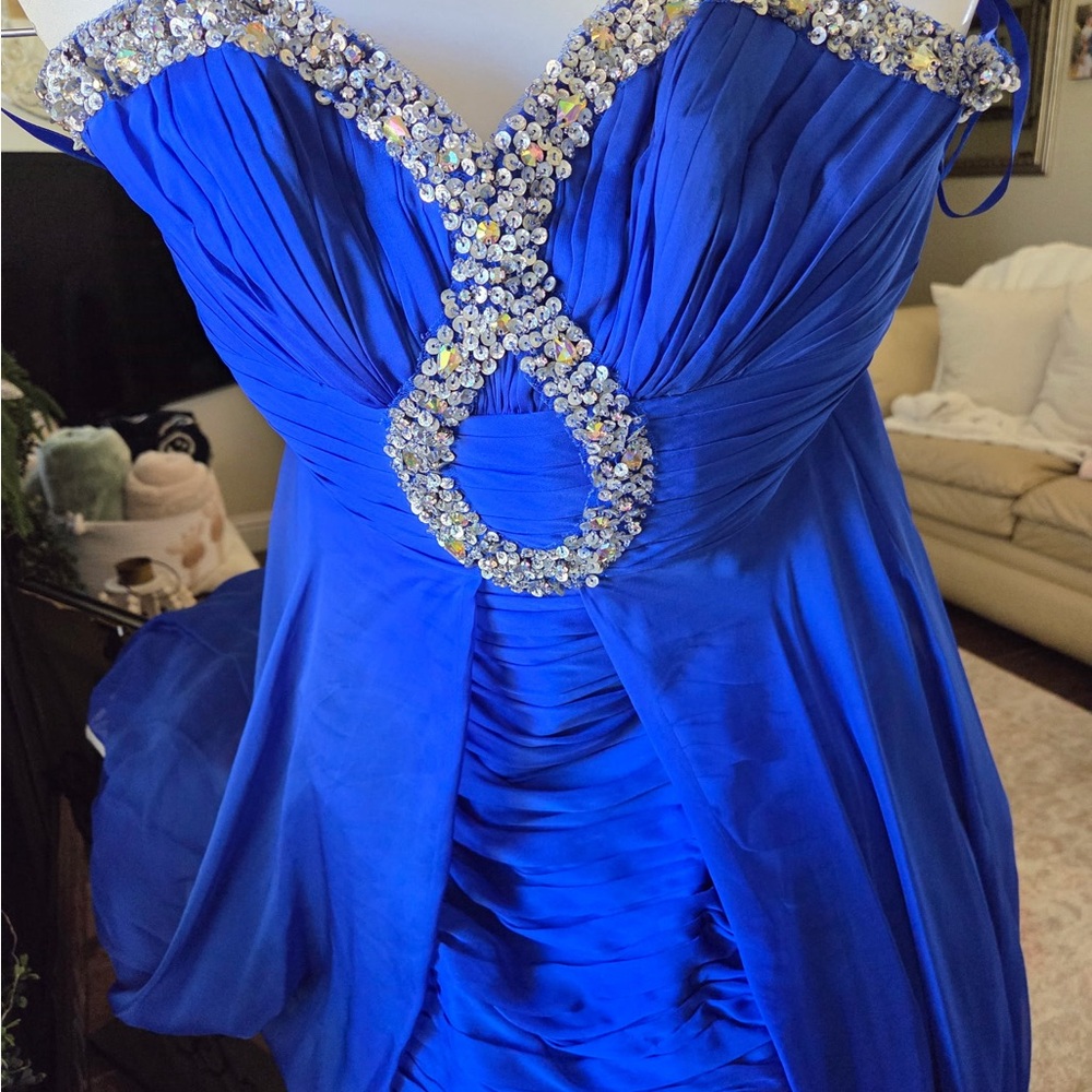 Strapless Royal Blue Evening High-Low Dress with Embellished Bodice - Picture 9 of 10